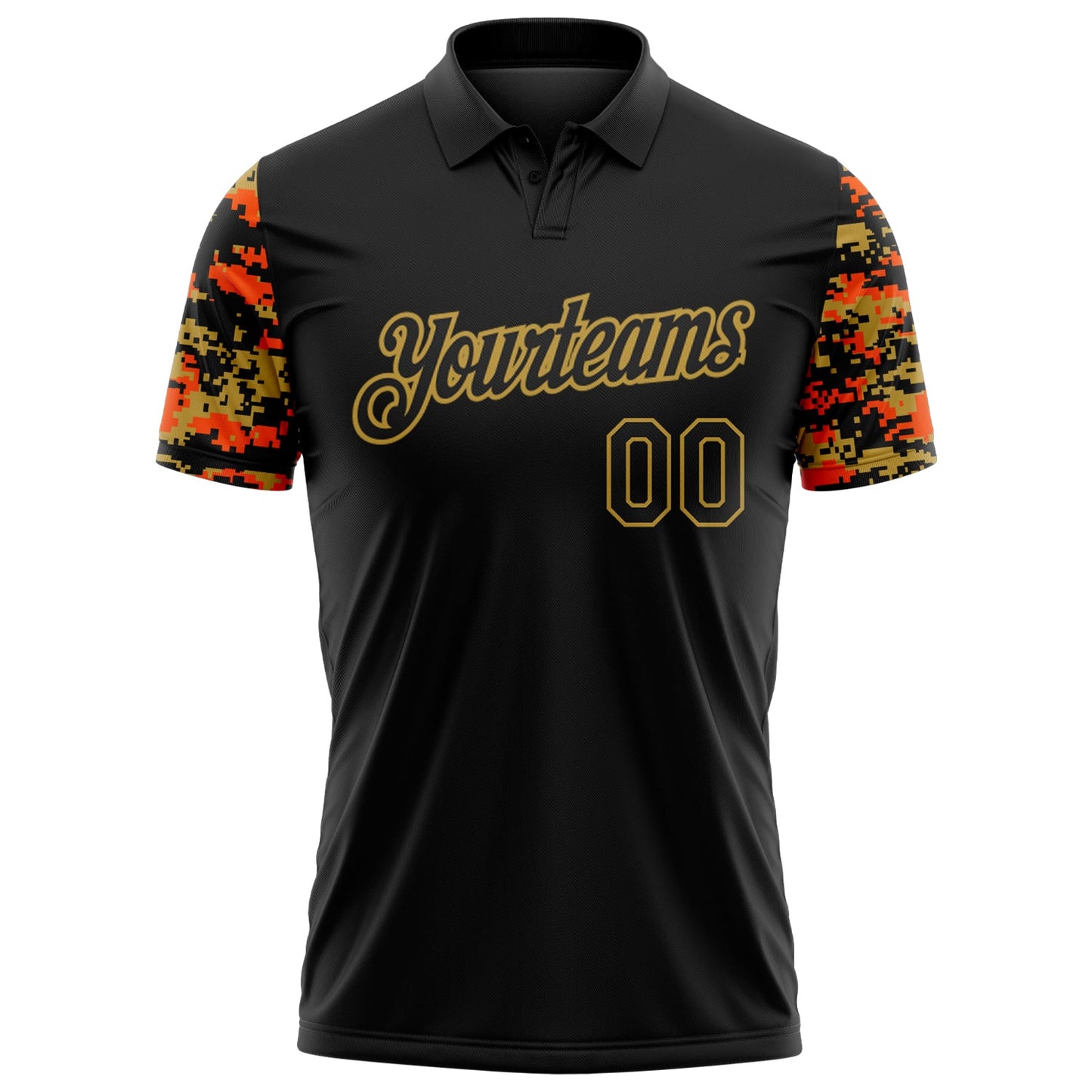 Custom Black Orange-Old Gold Digital Camo Two Tone Performance Polo Shirt view 2