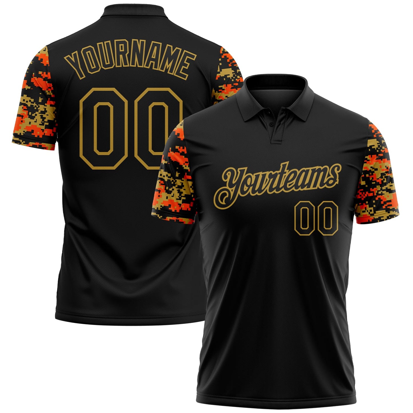 Custom Black Orange-Old Gold Digital Camo Two Tone Performance Polo Shirt - Main View