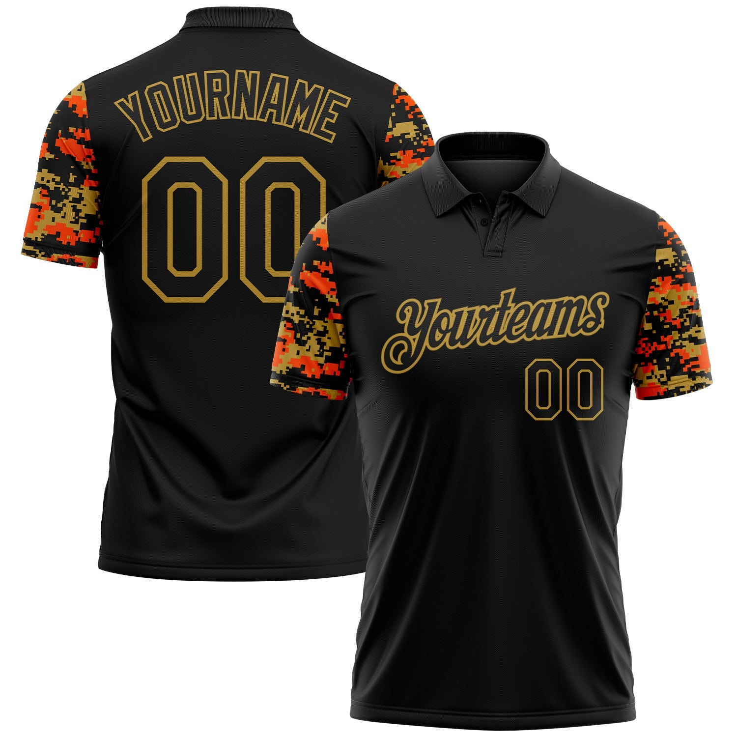 Custom Black Orange-Old Gold Digital Camo Two Tone Performance Polo Shirt - Main View