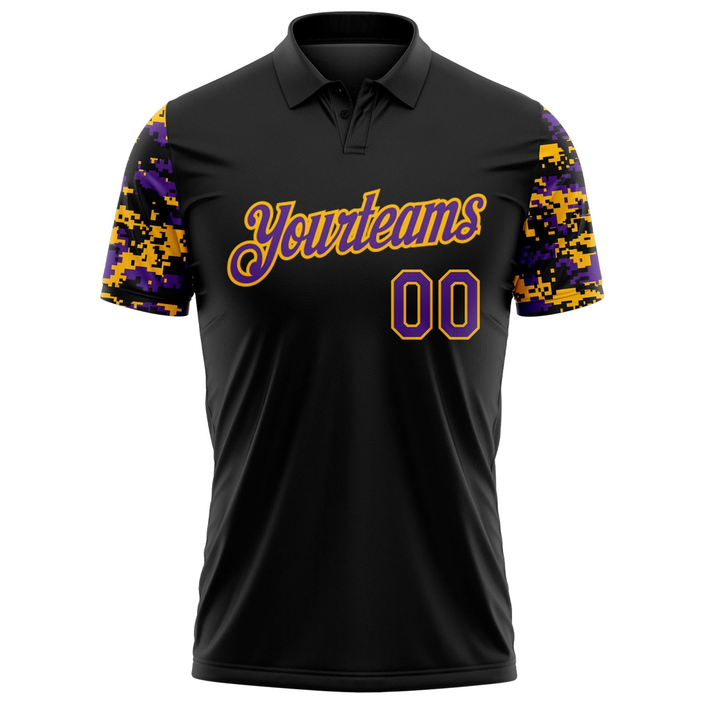 Custom Black Purple-Gold Digital Camo Two Tone Performance Polo Shirt view 2
