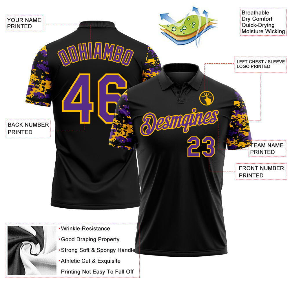 Custom Black Purple-Gold Digital Camo Two Tone Performance Polo Shirt view 3