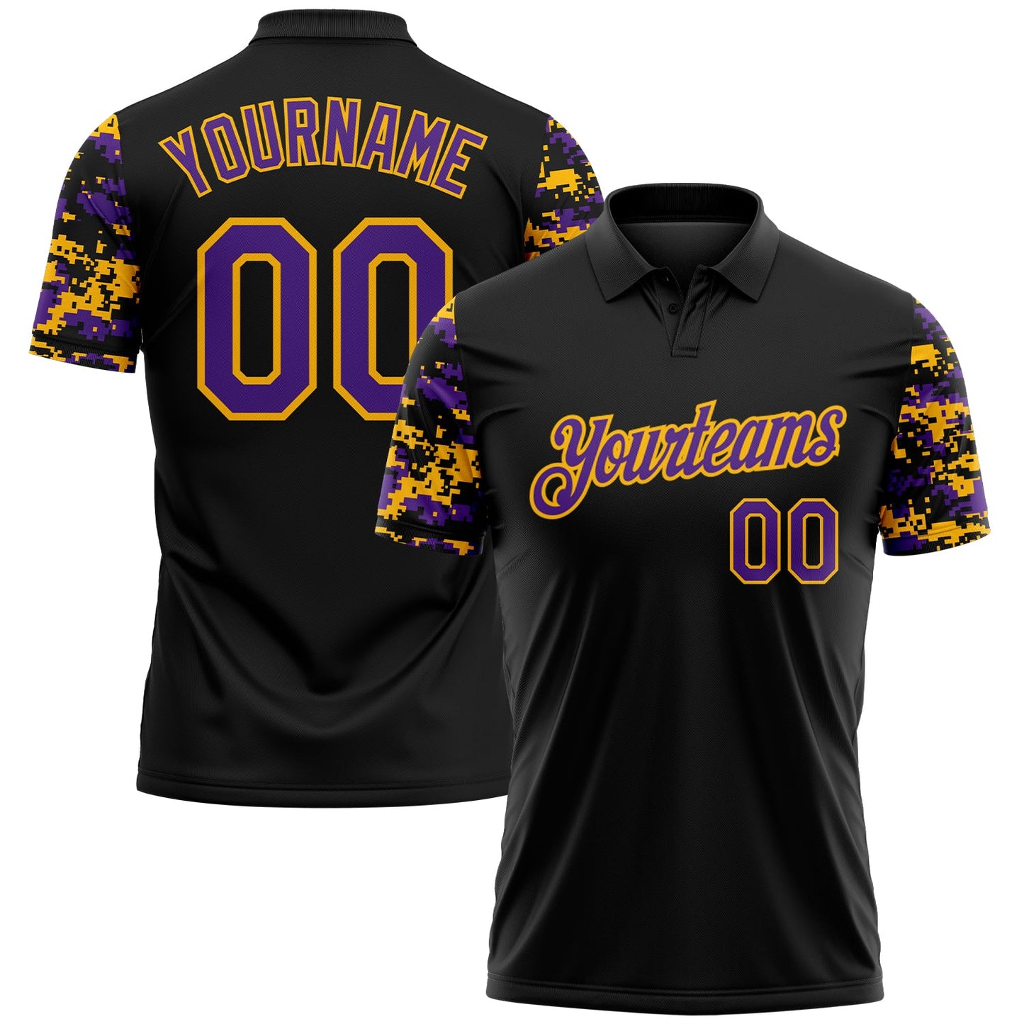 Custom Black Purple-Gold Digital Camo Two Tone Performance Polo Shirt - Main View
