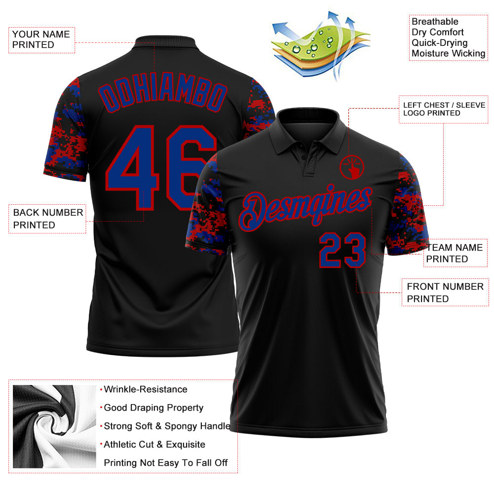 Custom Black Royal-Red Digital Camo Two Tone Performance Polo Shirt view 3