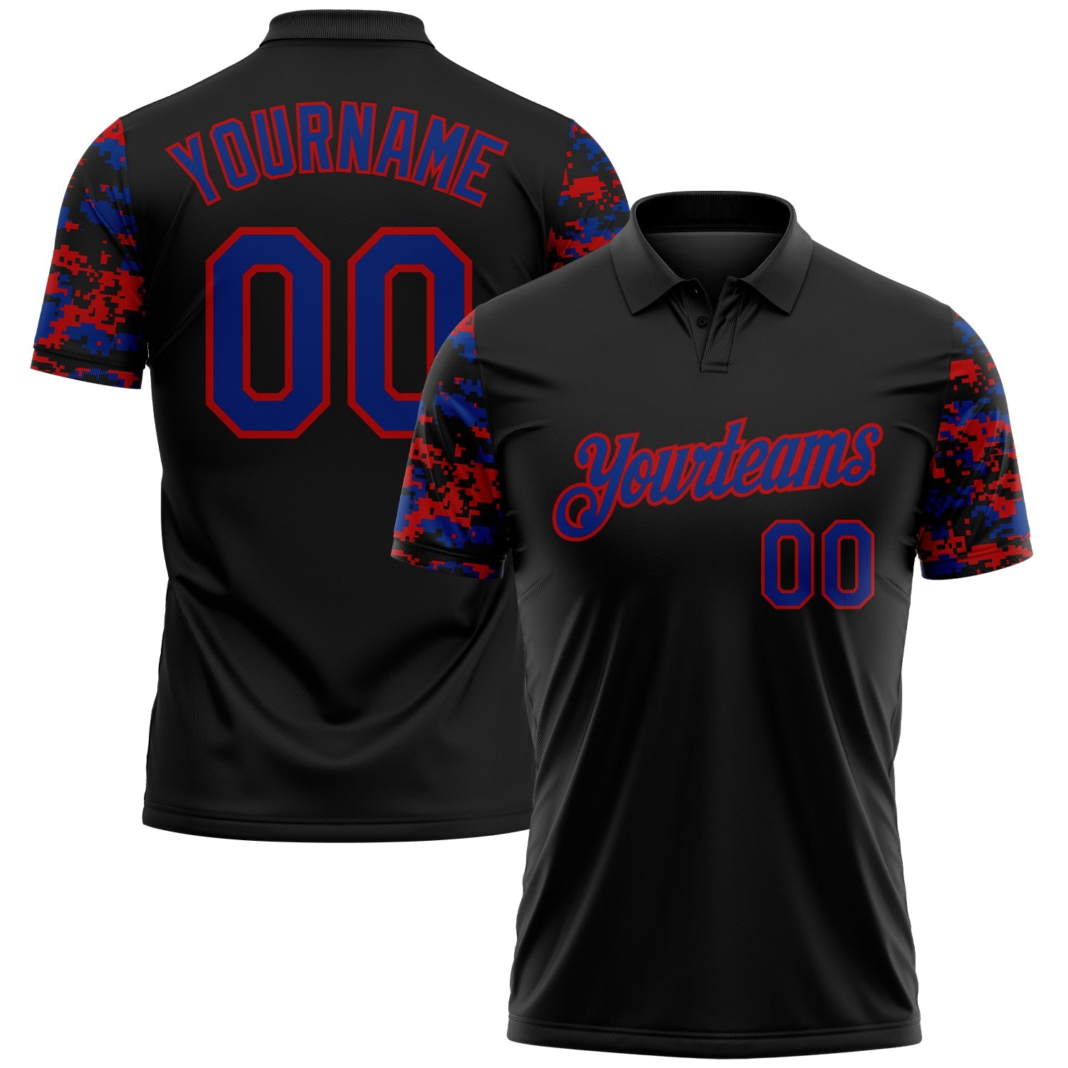 Custom Black Royal-Red Digital Camo Two Tone Performance Polo Shirt - Main View