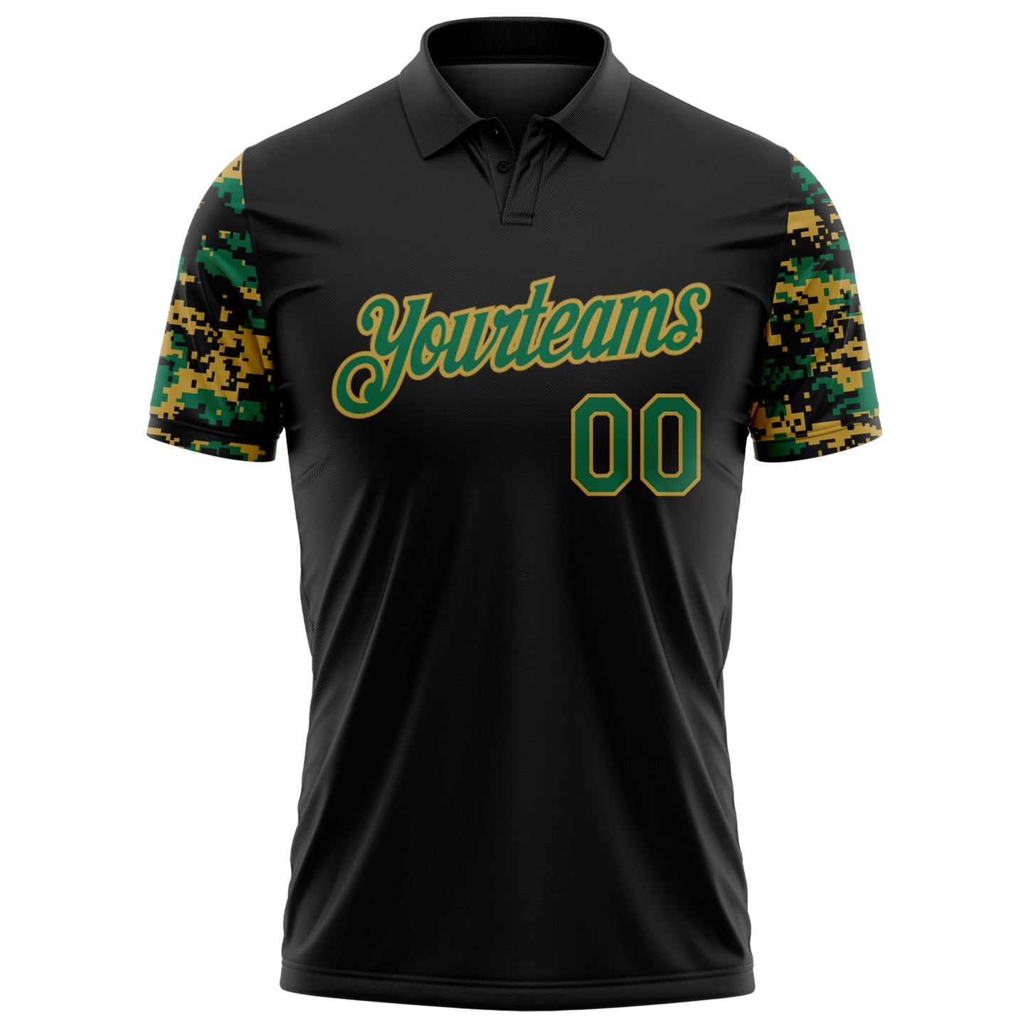 Custom Black Kelly Green-Old Gold Digital Camo Two Tone Performance Polo Shirt view 2