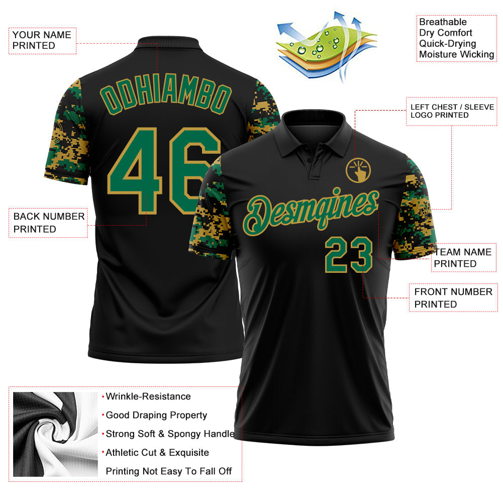 Custom Black Kelly Green-Old Gold Digital Camo Two Tone Performance Polo Shirt view 3