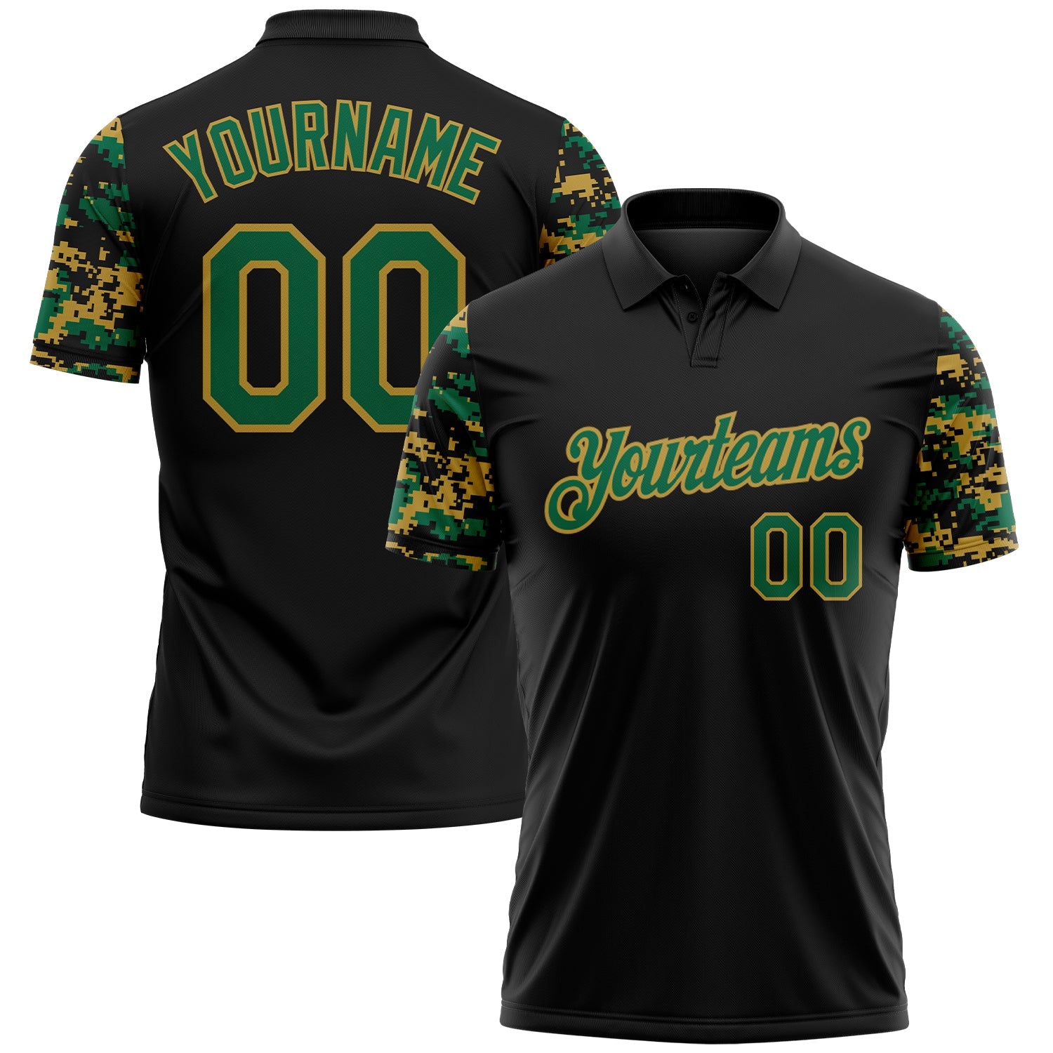 Custom Black Kelly Green-Old Gold Digital Camo Two Tone Performance Polo Shirt - Main View