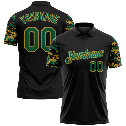 Custom Black Kelly Green-Old Gold Digital Camo Two Tone Performance Polo Shirt - Main View