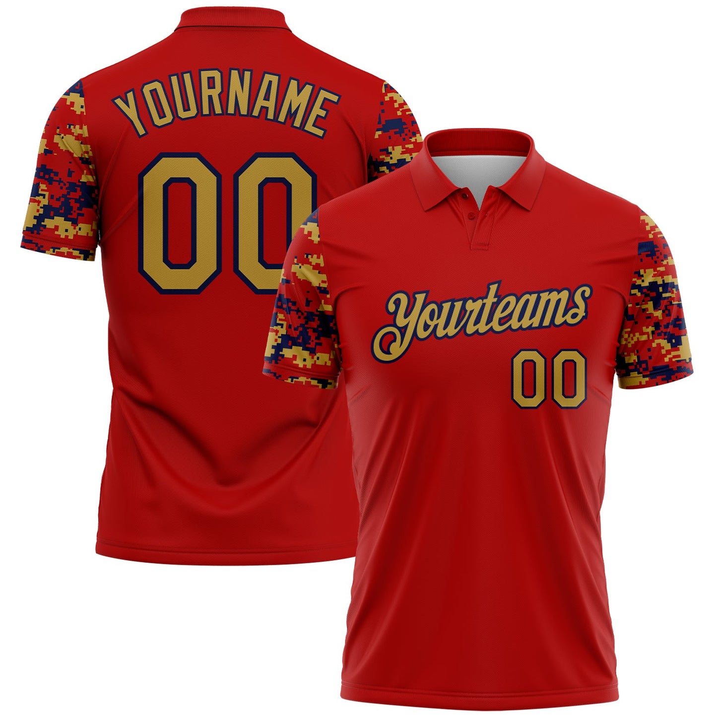 Custom Red Old Gold-Navy Digital Camo Two Tone Performance Polo Shirt - Main View