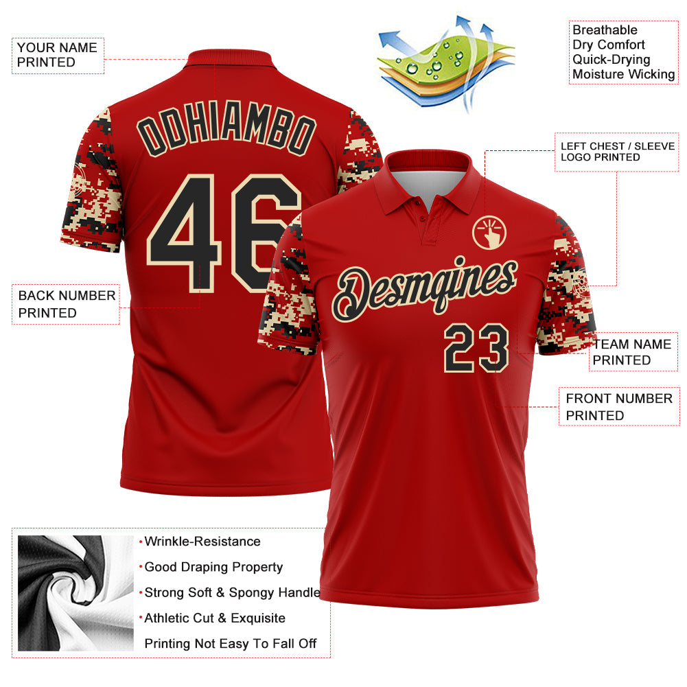 Custom Red Black-Cream Digital Camo Two Tone Performance Polo Shirt view 3