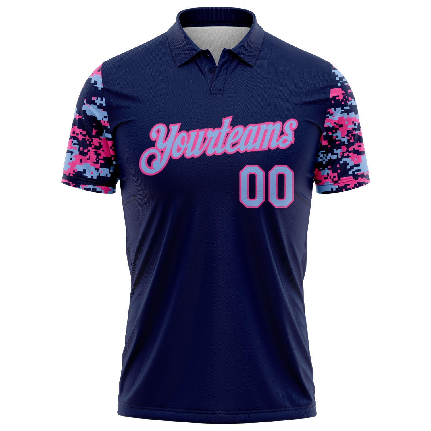 Custom Navy Light Blue-Pink Digital Camo Two Tone Performance Polo Shirt view 2