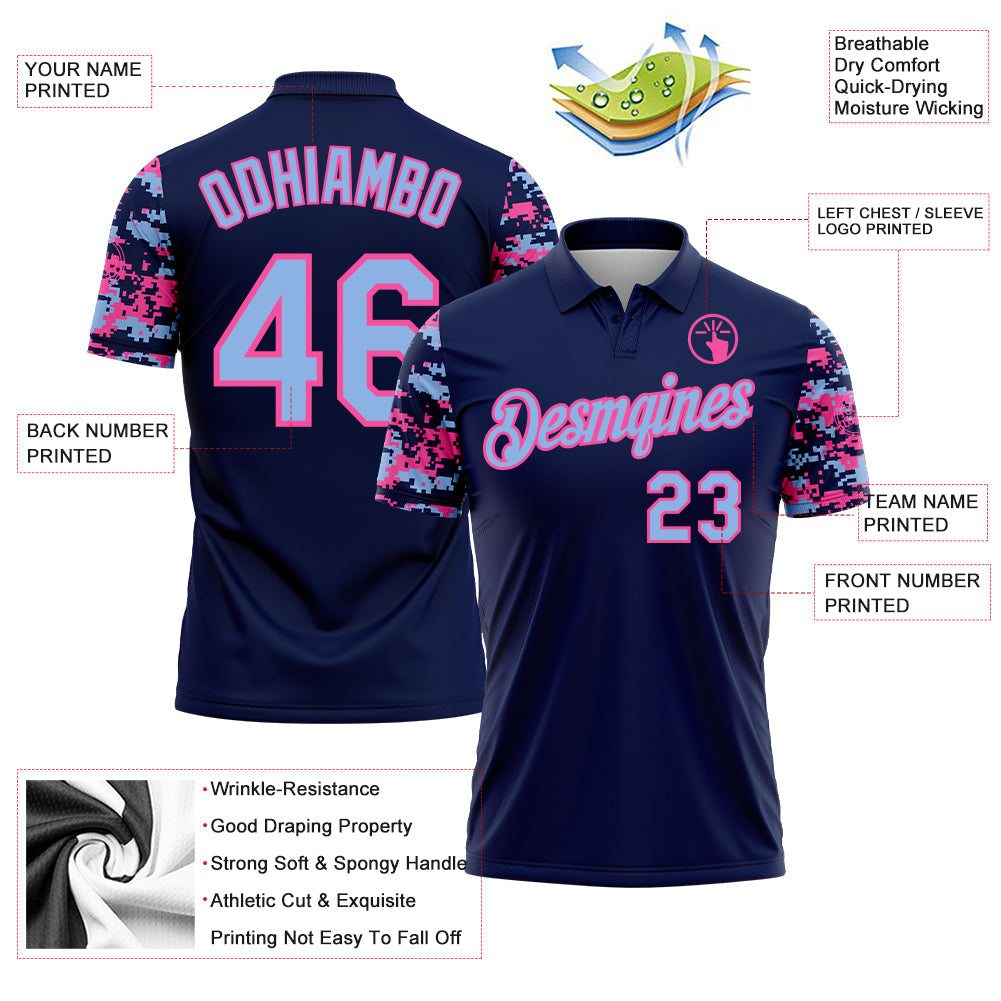 Custom Navy Light Blue-Pink Digital Camo Two Tone Performance Polo Shirt view 3