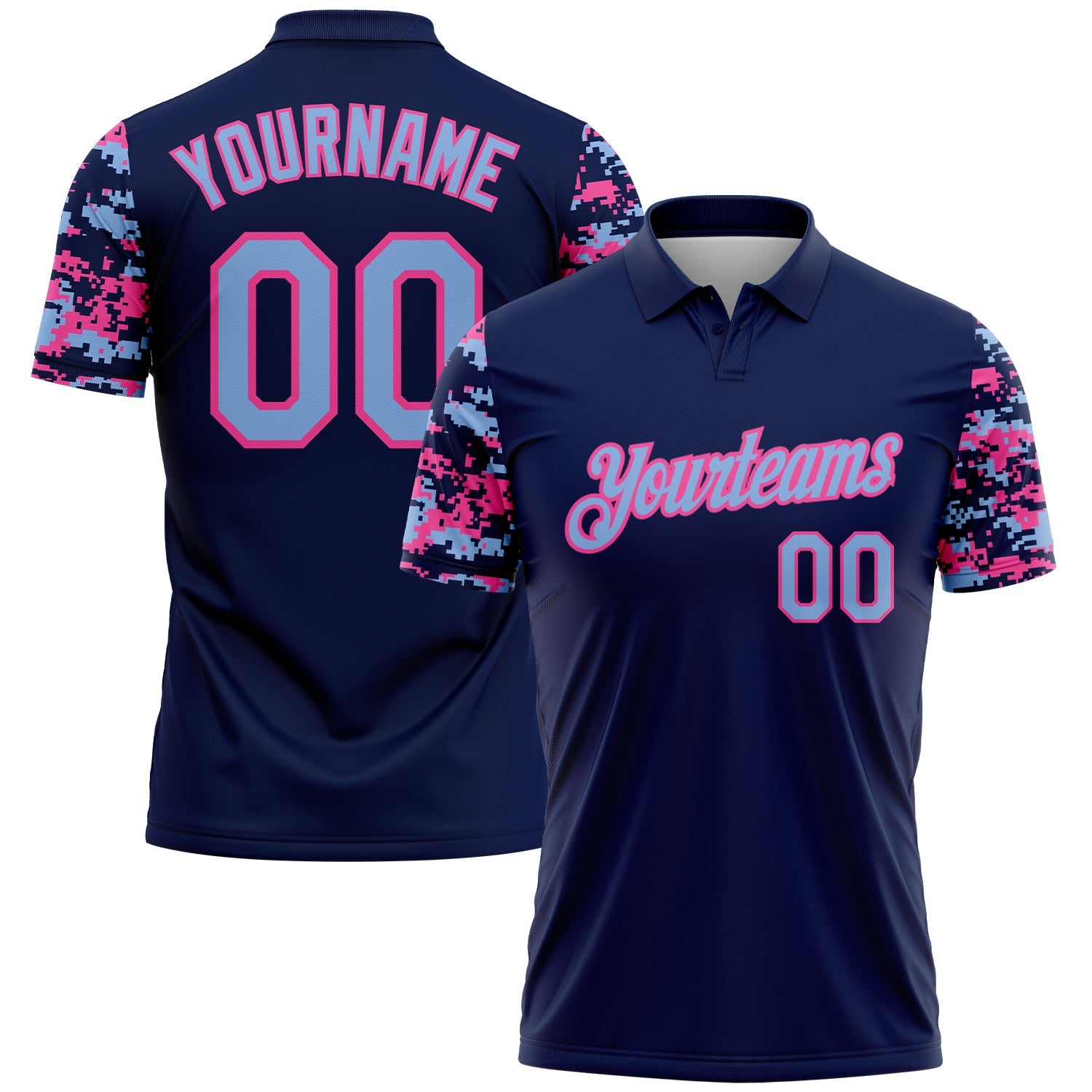 Custom Navy Light Blue-Pink Digital Camo Two Tone Performance Polo Shirt - Main View