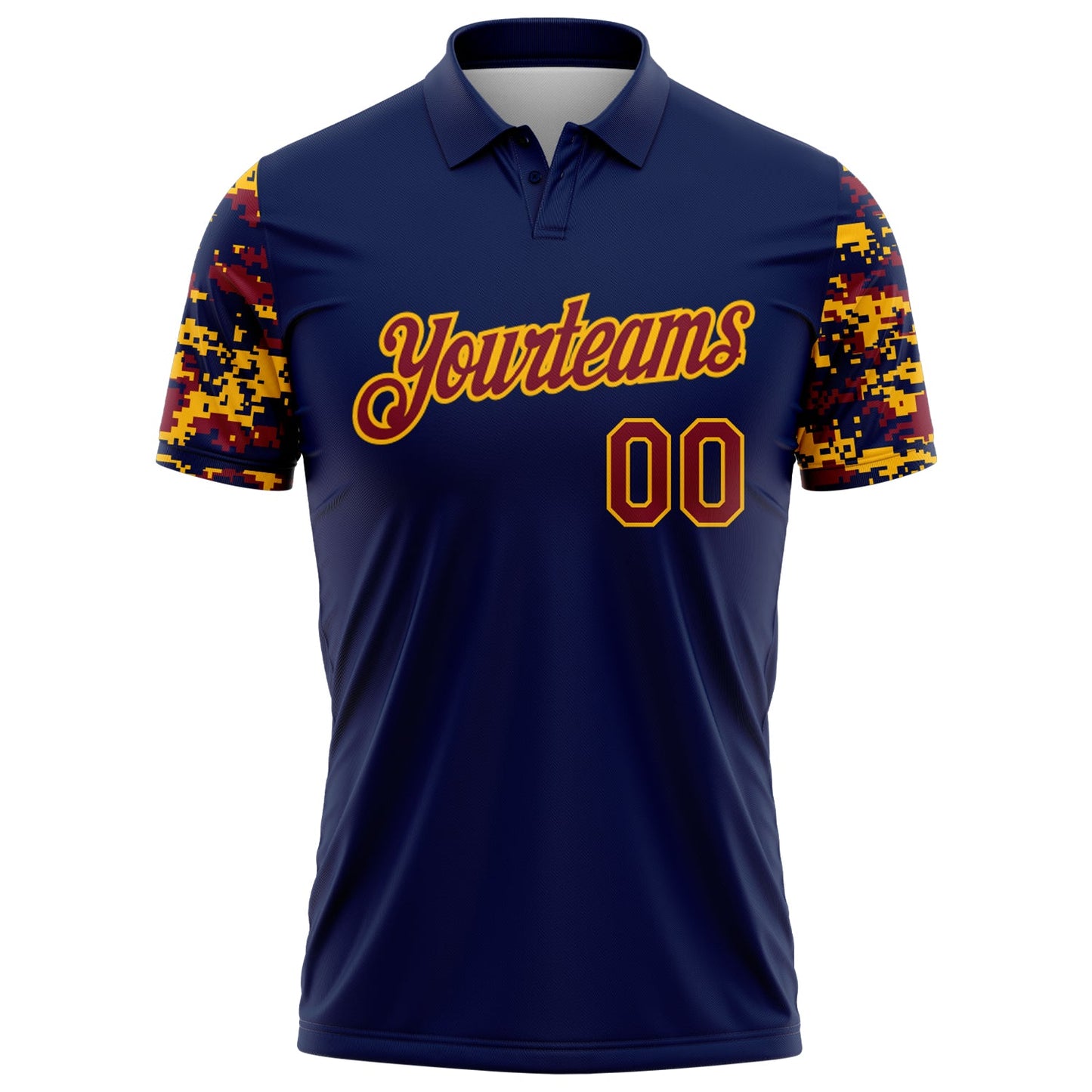 Custom Navy Crimson-Gold Digital Camo Two Tone Performance Polo Shirt view 2