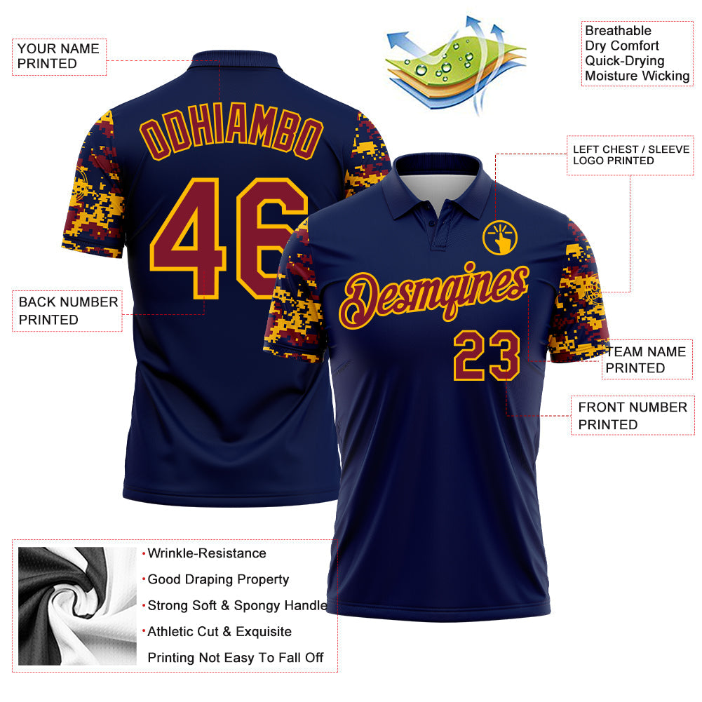 Custom Navy Crimson-Gold Digital Camo Two Tone Performance Polo Shirt view 3