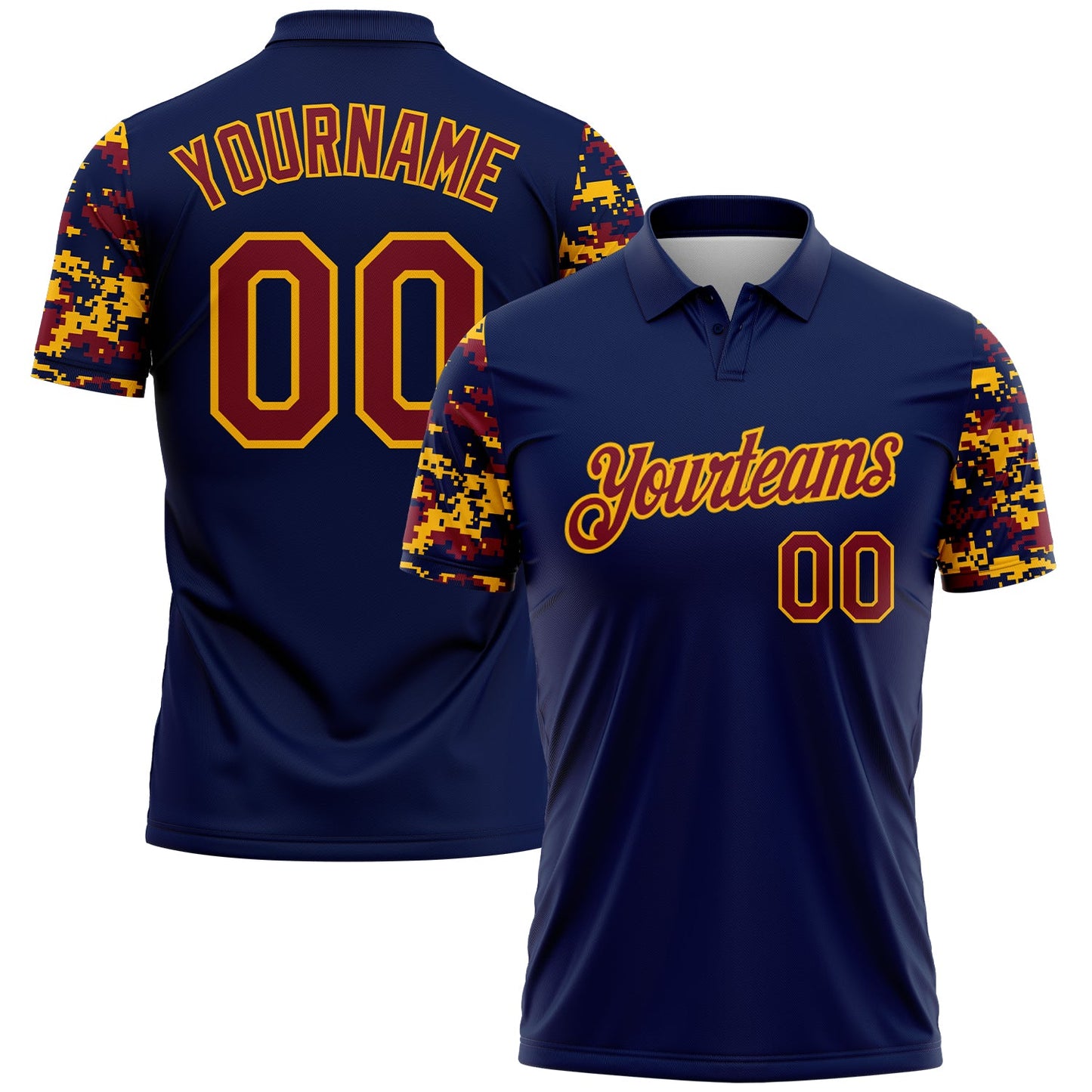 Custom Navy Crimson-Gold Digital Camo Two Tone Performance Polo Shirt - Main View