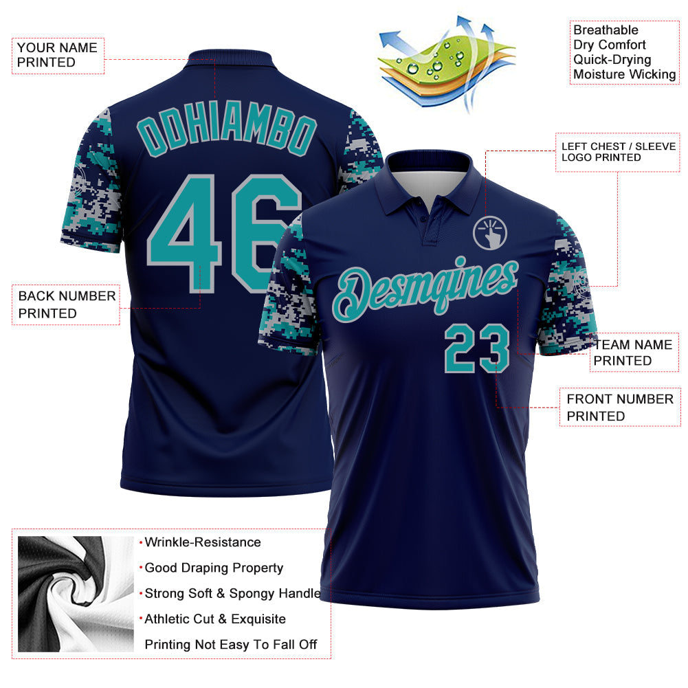 Custom Navy Teal-Gray Digital Camo Two Tone Performance Polo Shirt view 3