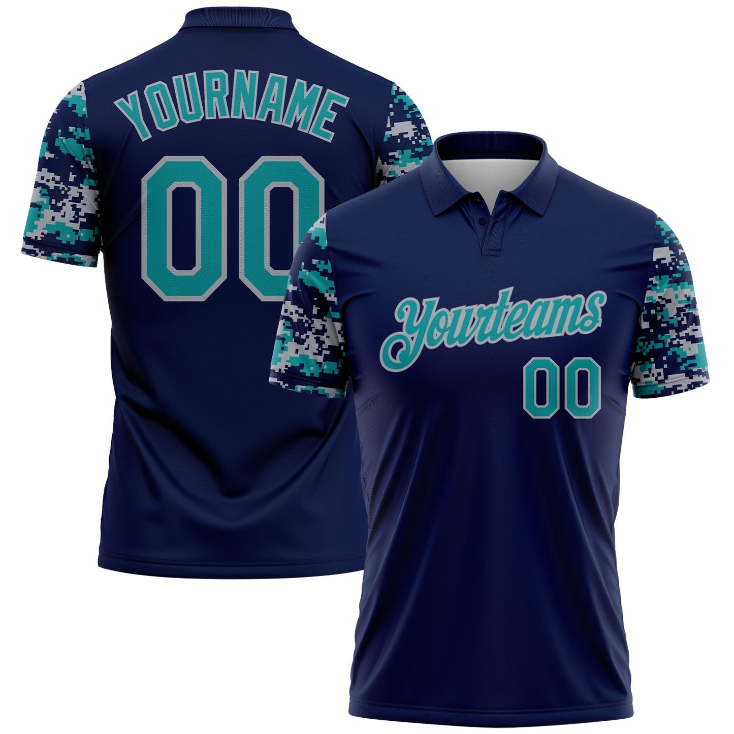 Custom Navy Teal-Gray Digital Camo Two Tone Performance Polo Shirt - Main View