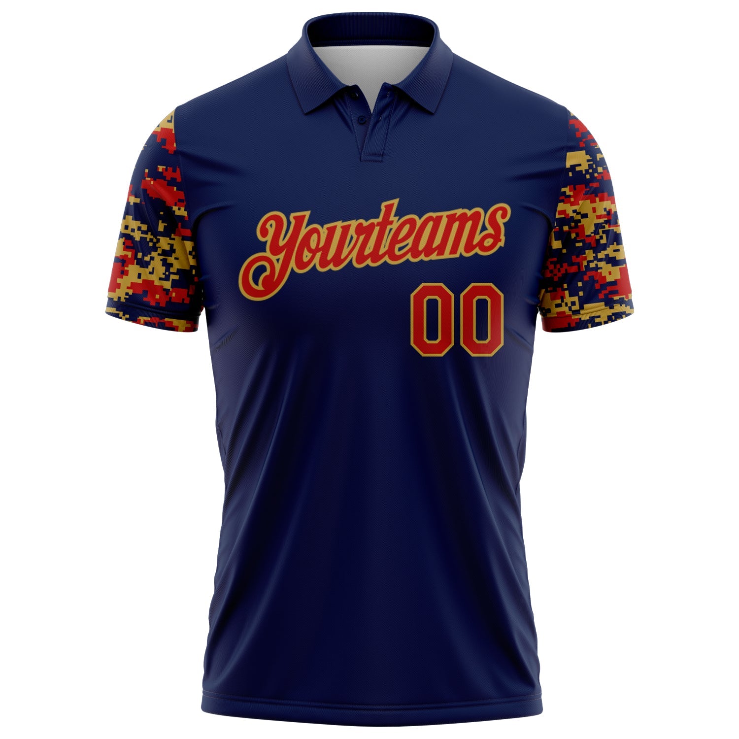 Custom Navy Red-Old Gold Digital Camo Two Tone Performance Polo Shirt view 2
