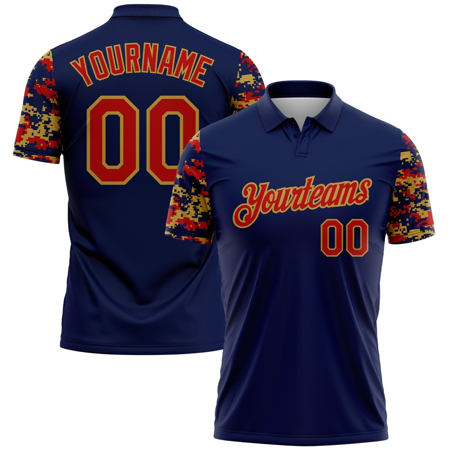 Custom Navy Red-Old Gold Digital Camo Two Tone Performance Polo Shirt - Main View