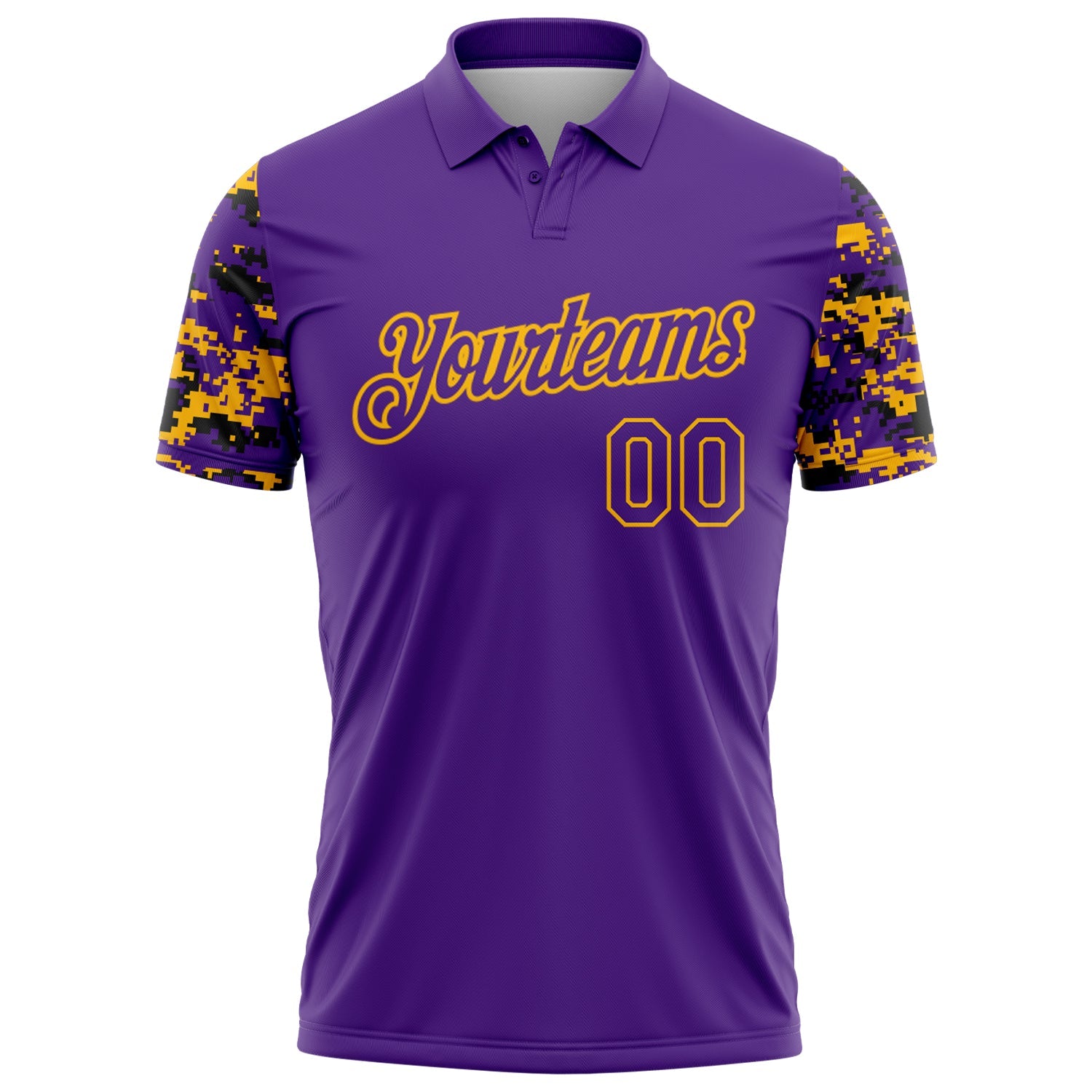 Custom Purple Black-Gold Digital Camo Two Tone Performance Polo Shirt view 2