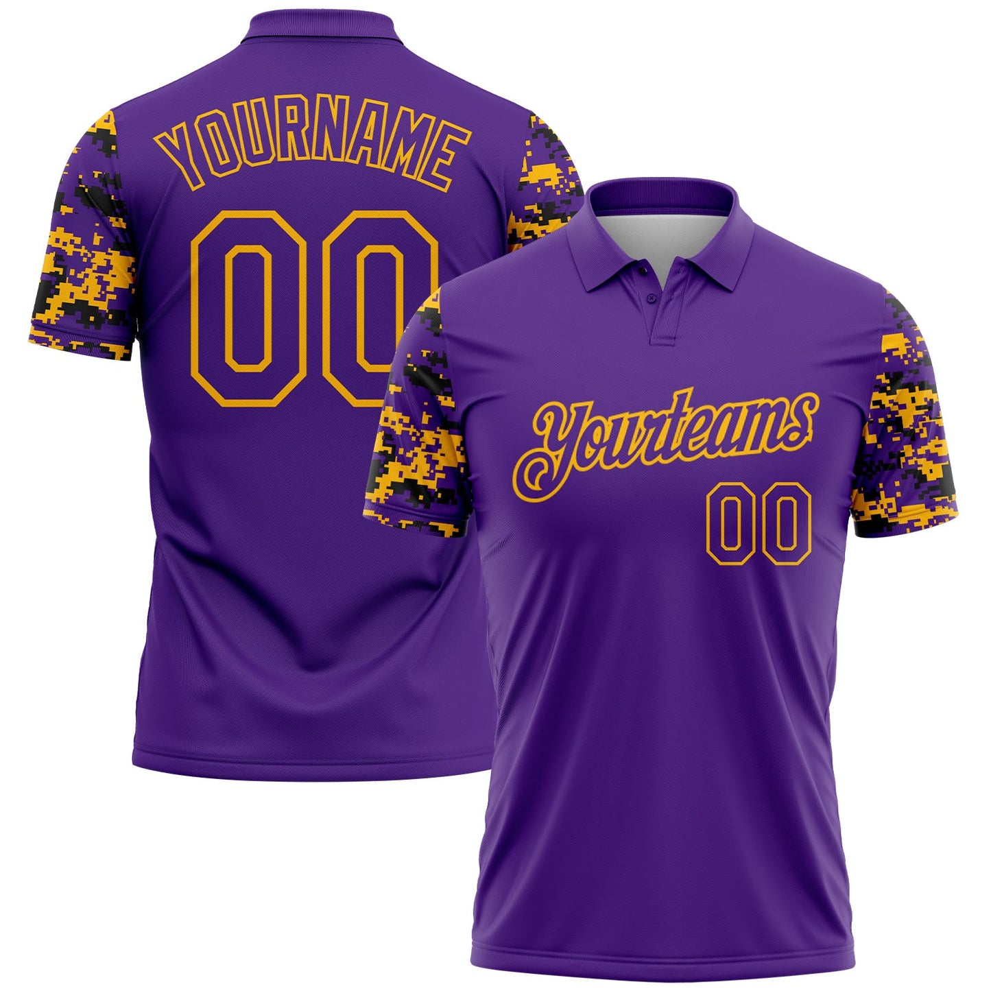 Custom Purple Black-Gold Digital Camo Two Tone Performance Polo Shirt - Main View