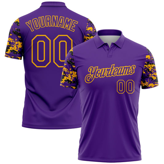 Custom Purple Black-Gold Digital Camo Two Tone Performance Polo Shirt - Main View