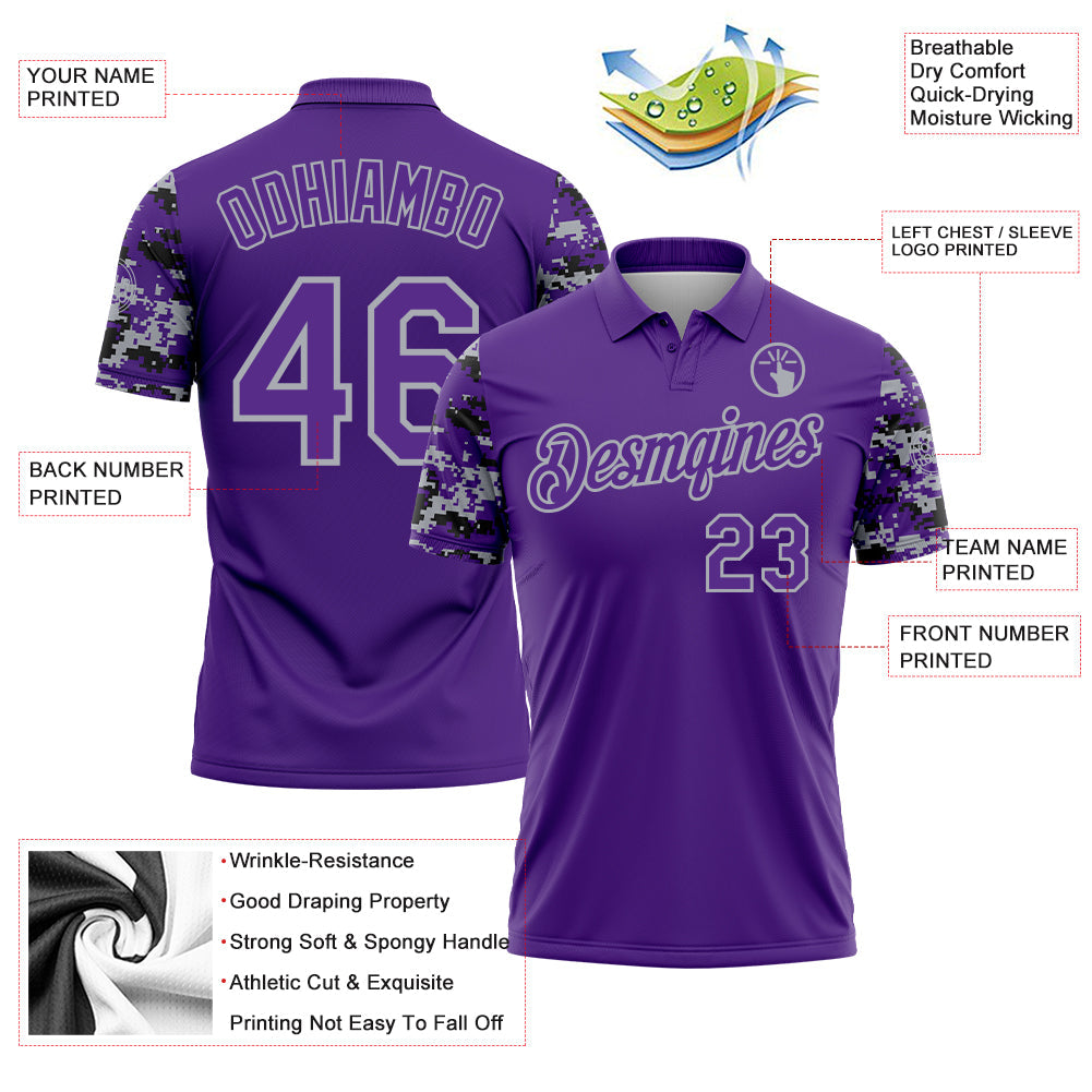 Custom Purple Black-Gray Digital Camo Two Tone Performance Polo Shirt view 3