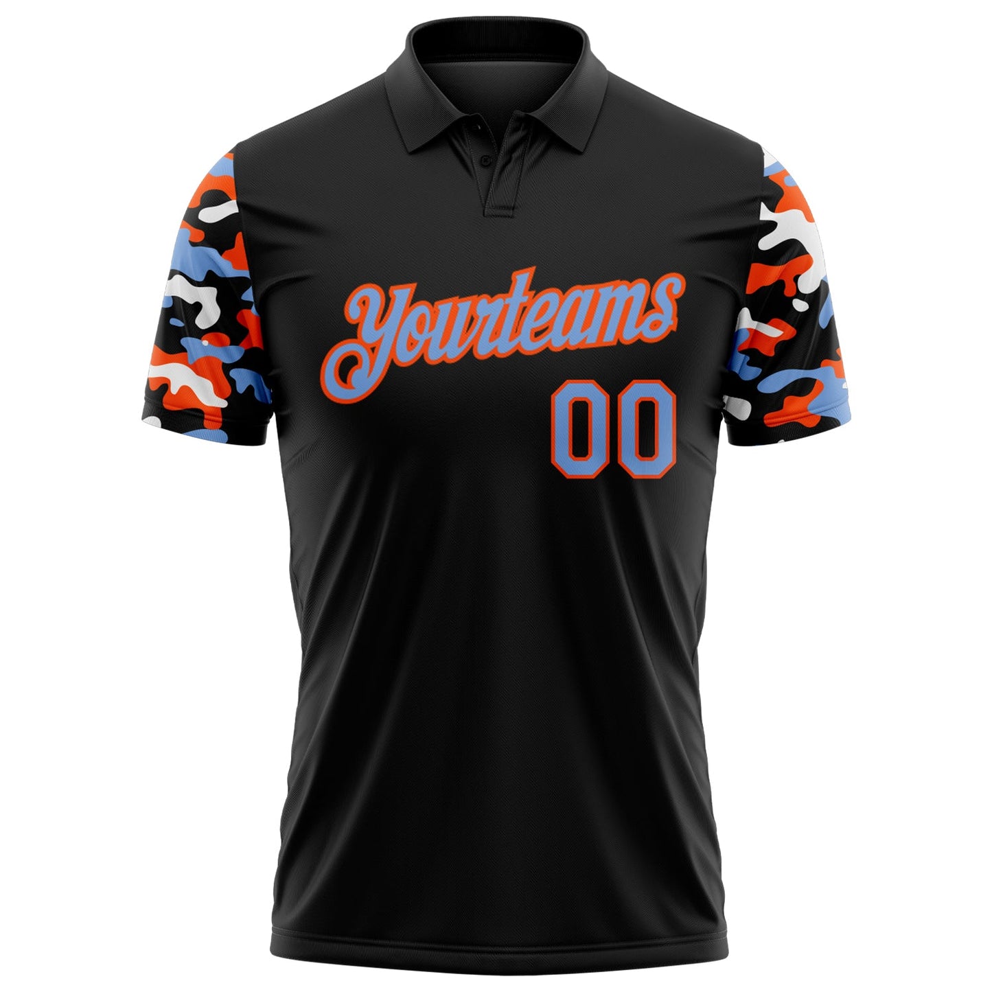 Custom Black Powder Blue Orange-White Digital Camo Two Tone Performance Polo Shirt view 2