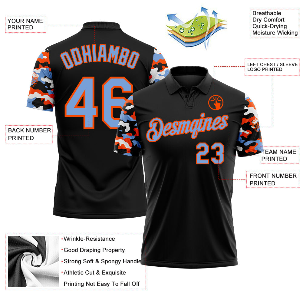 Custom Black Powder Blue Orange-White Digital Camo Two Tone Performance Polo Shirt view 3