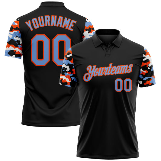 Custom Black Powder Blue Orange-White Digital Camo Two Tone Performance Polo Shirt - Main View
