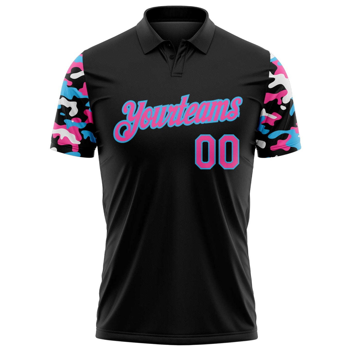 Custom Black Pink Sky Blue-White Digital Camo Two Tone Performance Polo Shirt view 2