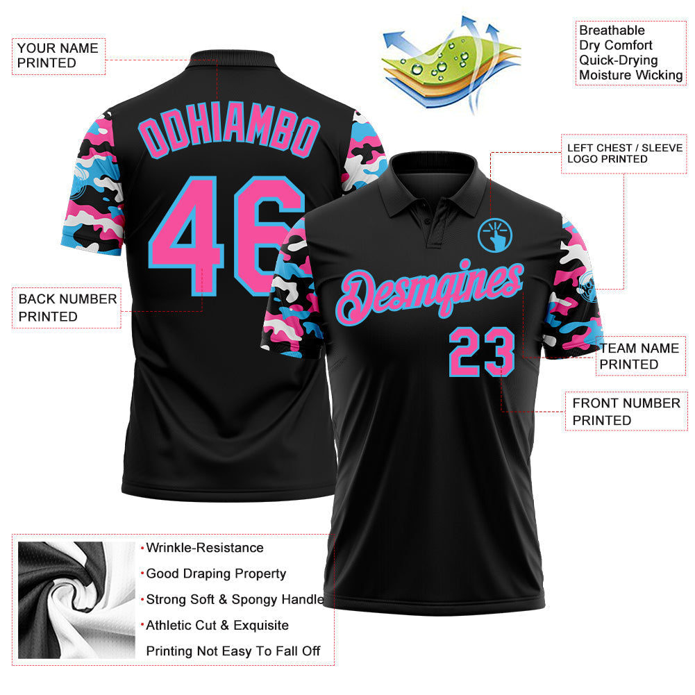 Custom Black Pink Sky Blue-White Digital Camo Two Tone Performance Polo Shirt view 3