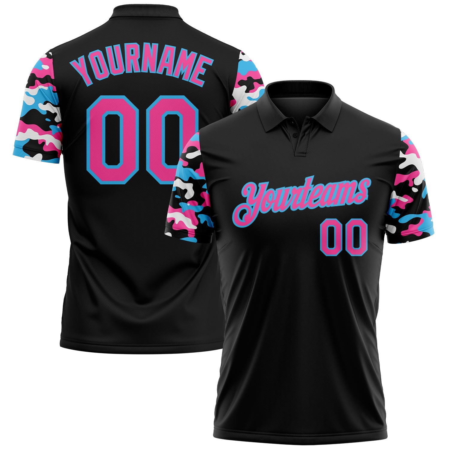 Custom Black Pink Sky Blue-White Digital Camo Two Tone Performance Polo Shirt - Main View