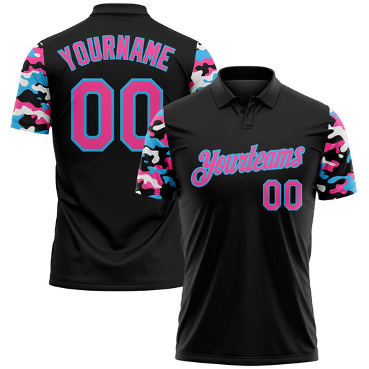 Custom Black Pink Sky Blue-White Digital Camo Two Tone Performance Polo Shirt - Main View