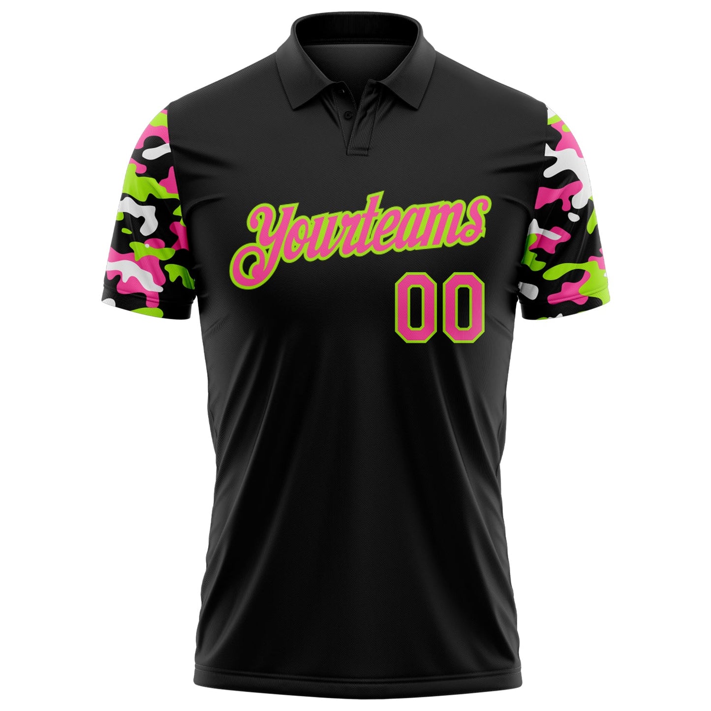 Custom Black Pink Neon Green-White Digital Camo Two Tone Performance Polo Shirt view 2
