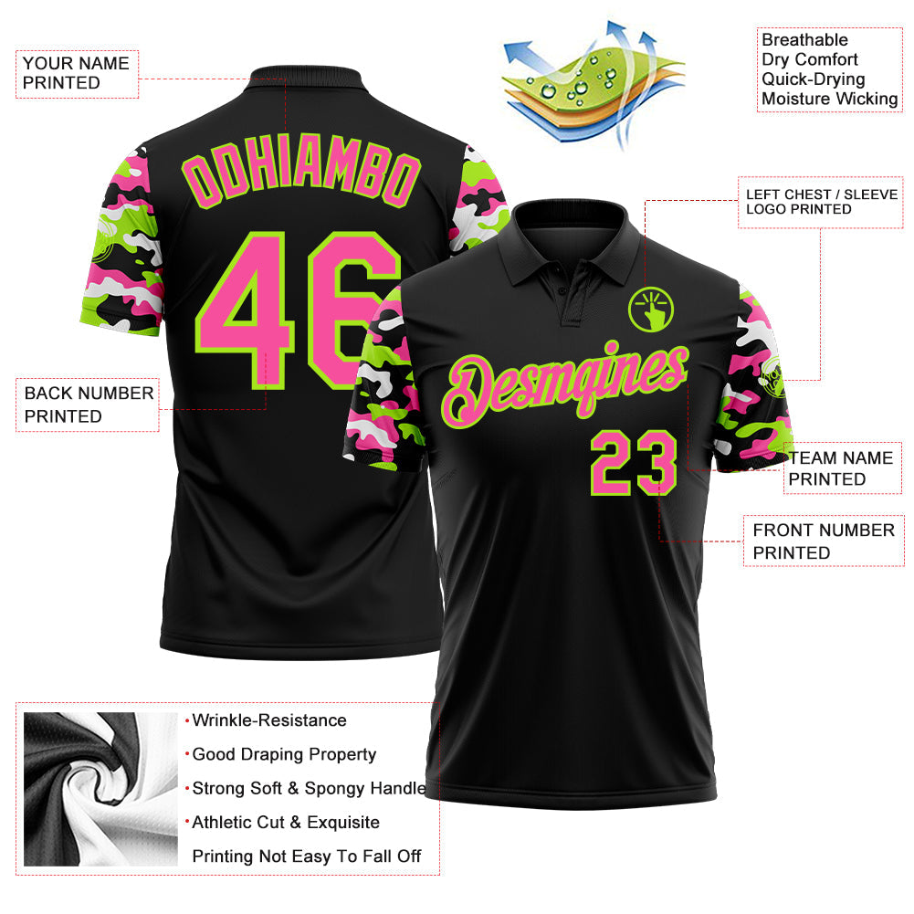 Custom Black Pink Neon Green-White Digital Camo Two Tone Performance Polo Shirt view 3