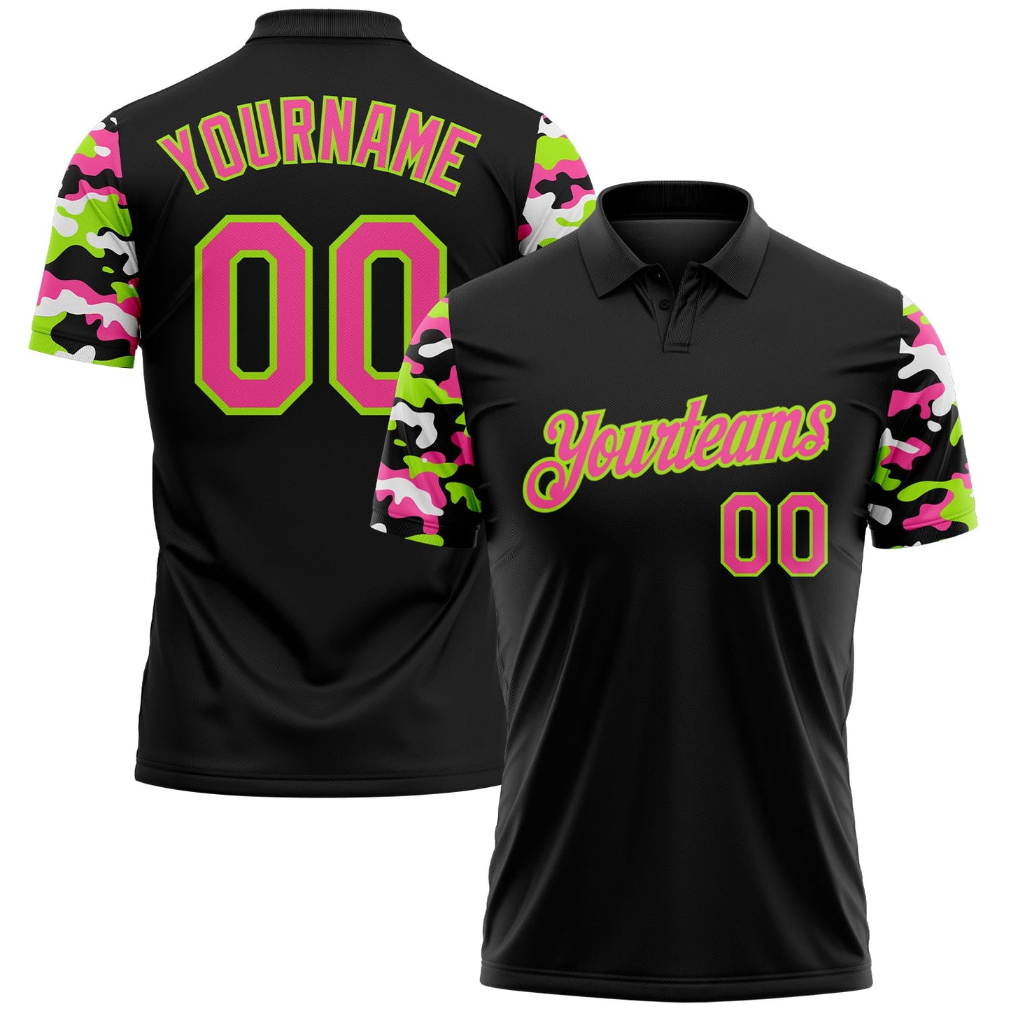 Custom Black Pink Neon Green-White Digital Camo Two Tone Performance Polo Shirt - Main View