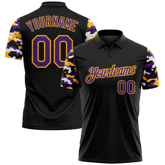 Custom Black Purple Gold-White Digital Camo Two Tone Performance Polo Shirt - Main View