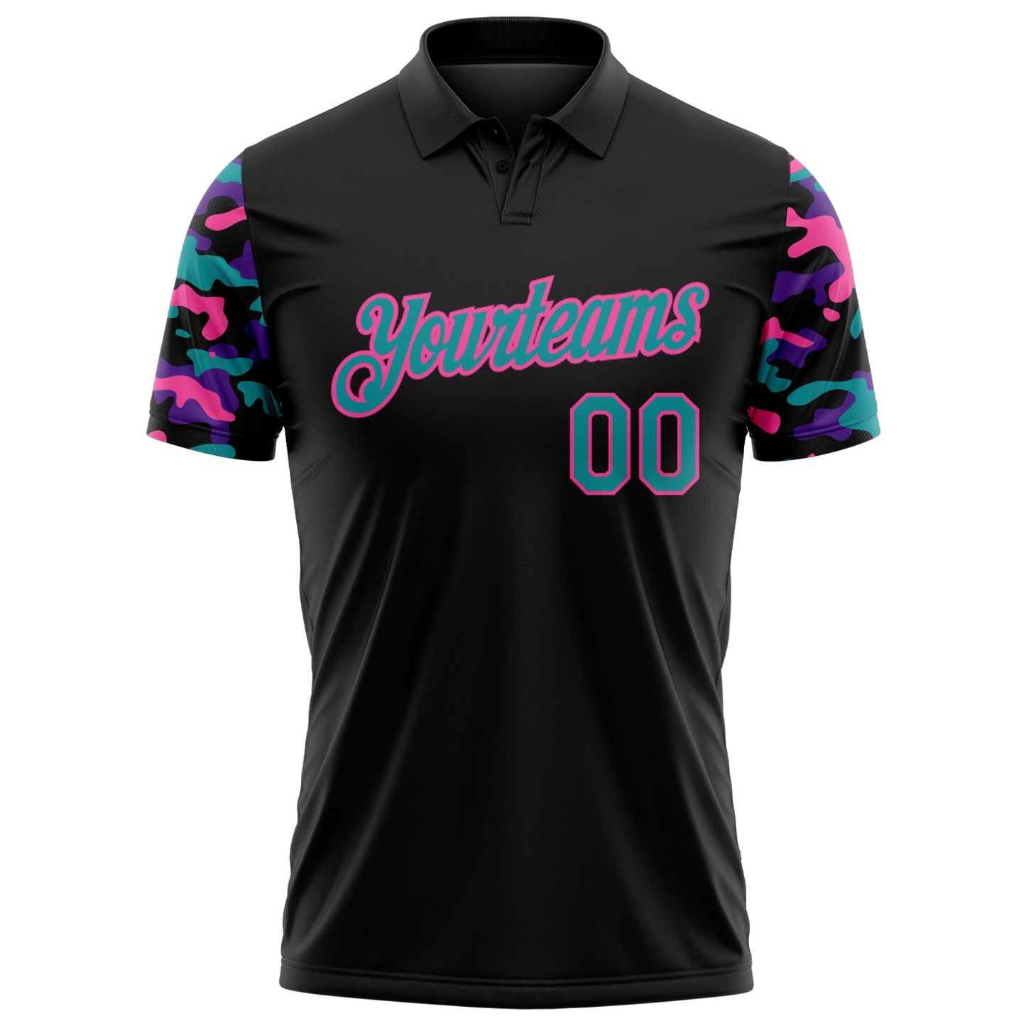 Custom Black Teal Purple-Pink Digital Camo Two Tone Performance Polo Shirt view 2