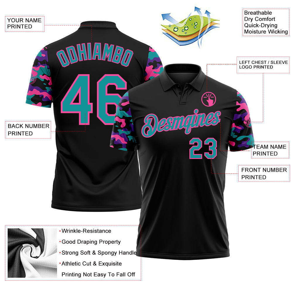 Custom Black Teal Purple-Pink Digital Camo Two Tone Performance Polo Shirt view 3