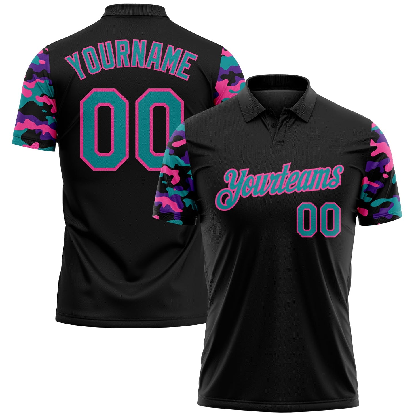 Custom Black Teal Purple-Pink Digital Camo Two Tone Performance Polo Shirt - Main View