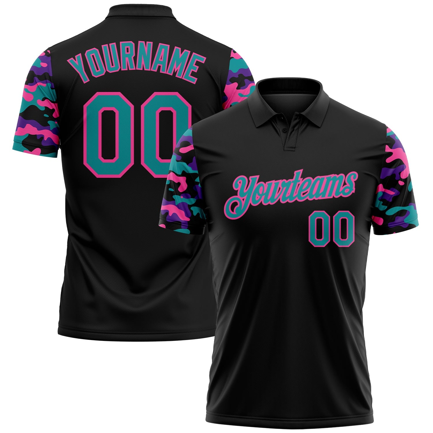 Custom Black Teal Purple-Pink Digital Camo Two Tone Performance Polo Shirt - Main View