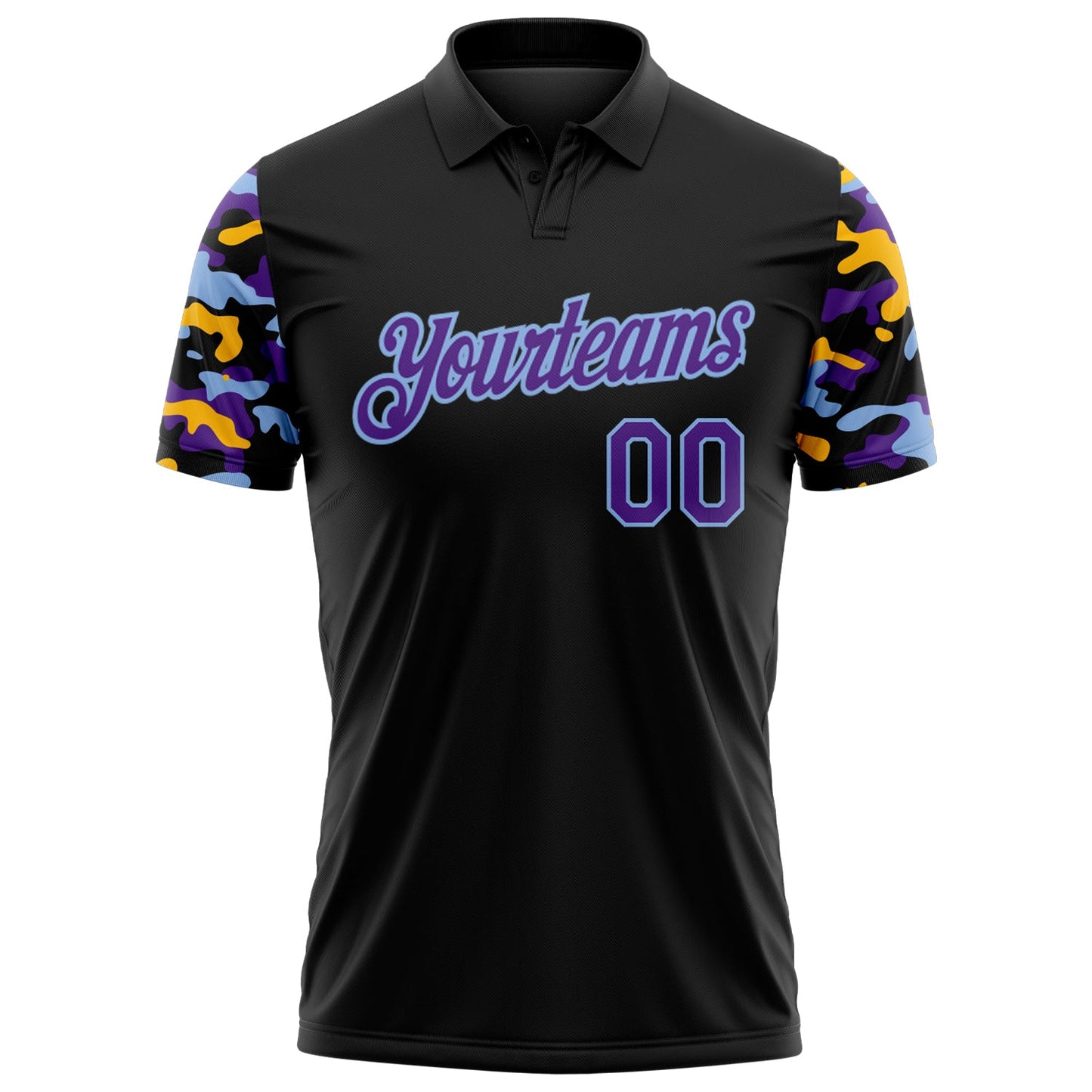 Custom Black Purple Light Blue-Gold Digital Camo Two Tone Performance Polo Shirt view 2