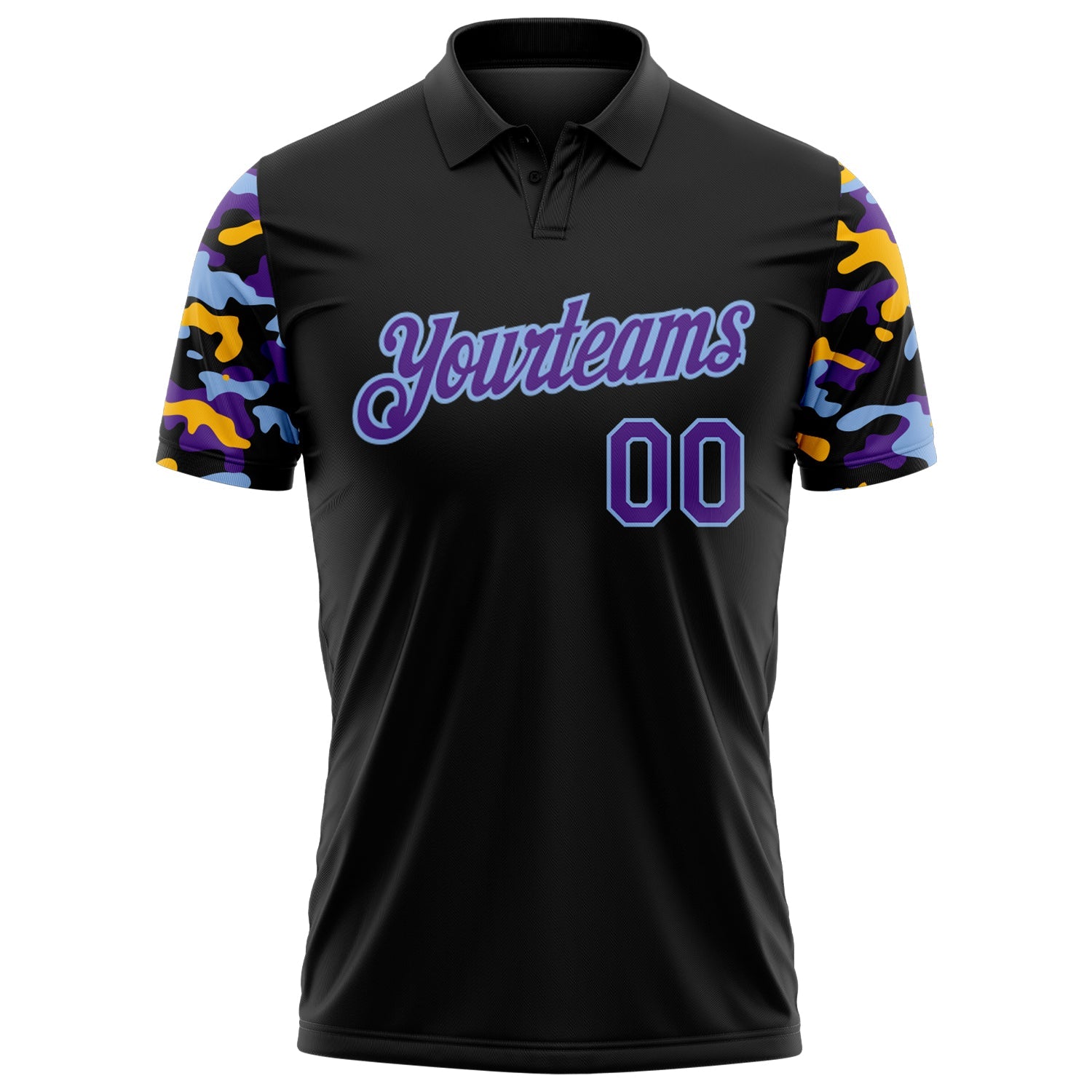 Custom Black Purple Light Blue-Gold Digital Camo Two Tone Performance Polo Shirt view 2