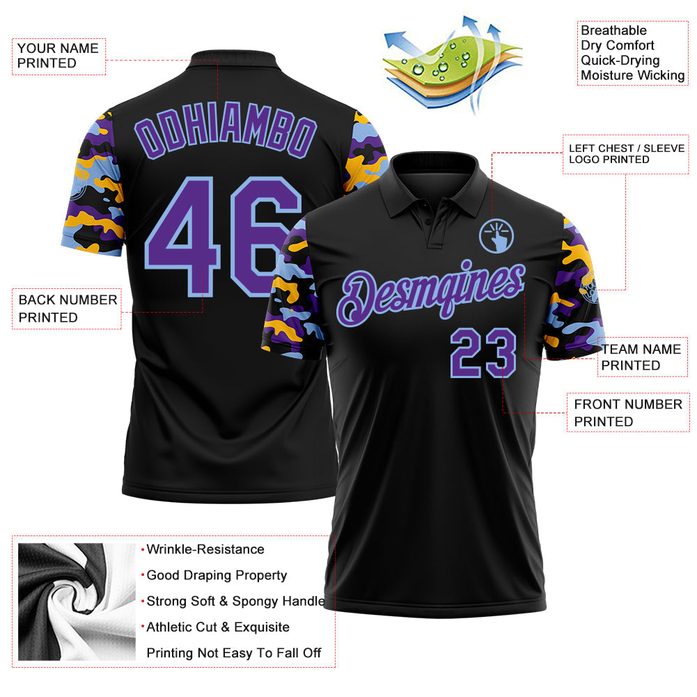 Custom Black Purple Light Blue-Gold Digital Camo Two Tone Performance Polo Shirt view 3