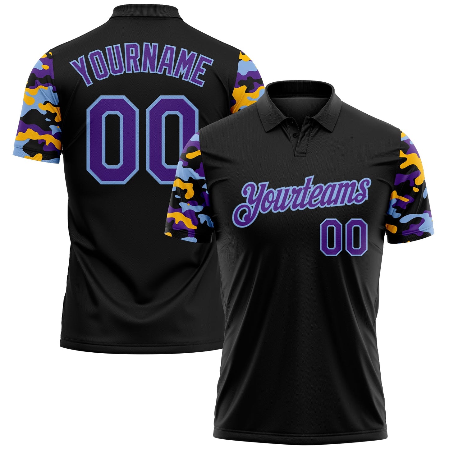 Custom Black Purple Light Blue-Gold Digital Camo Two Tone Performance Polo Shirt - Main View