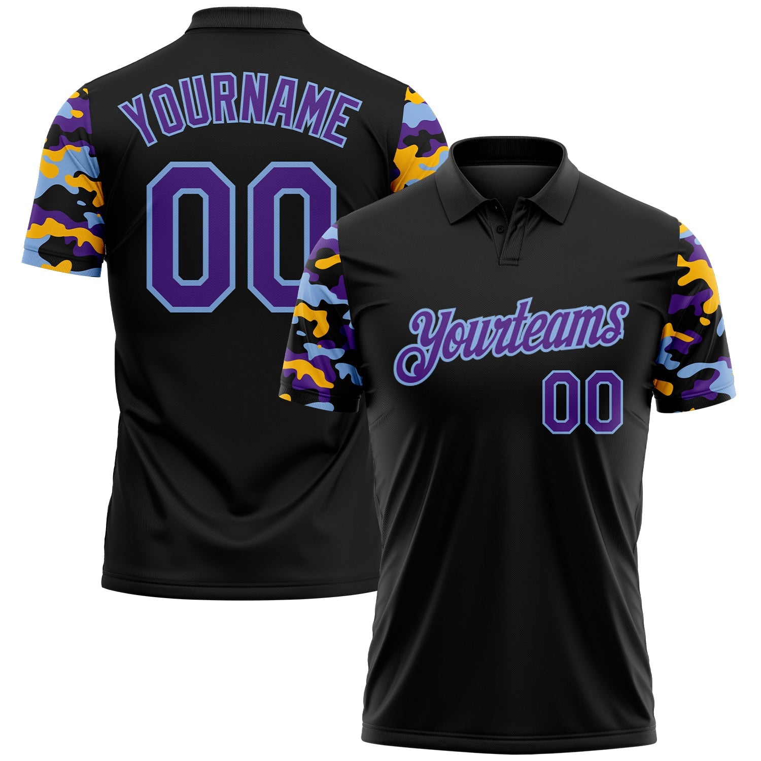 Custom Black Purple Light Blue-Gold Digital Camo Two Tone Performance Polo Shirt - Main View
