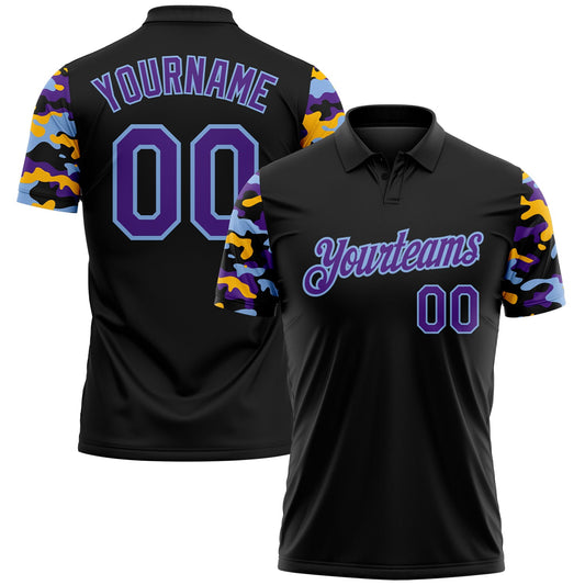Custom Black Purple Light Blue-Gold Digital Camo Two Tone Performance Polo Shirt - Main View