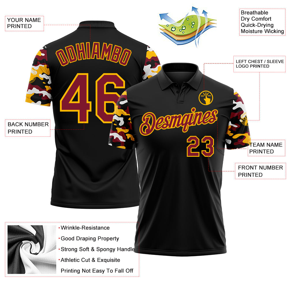 Custom Black Crimson Gold-White Digital Camo Two Tone Performance Polo Shirt view 3